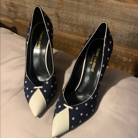 Saint Laurent Navy Polka Dot Heels - Picture 1 of 5